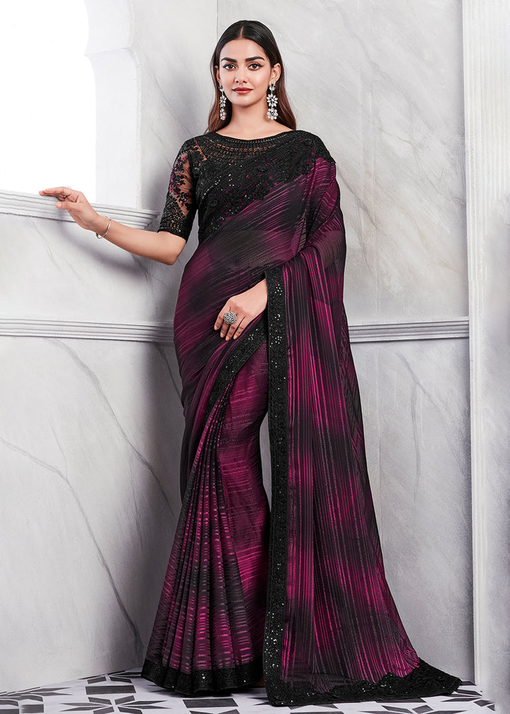 Luxurious Purple Silk and Linen Saree with Intricate Embroidery