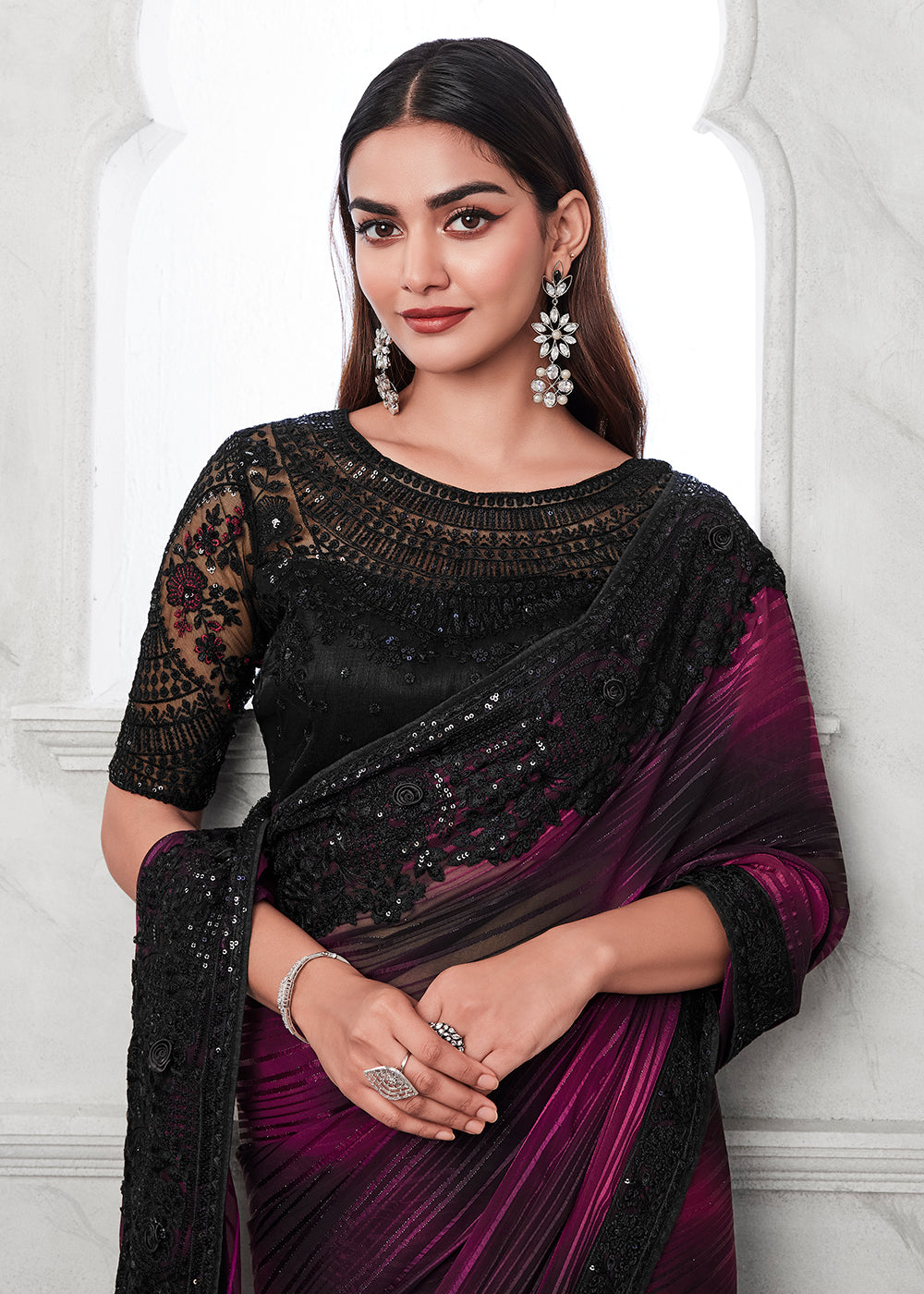 Luxurious Purple Silk and Linen Saree with Intricate Embroidery