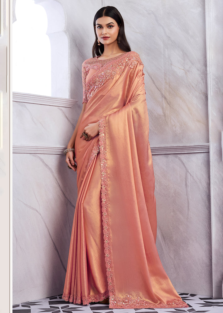 Elegant Peach Silk and Linen Saree with Intricate Embroidery