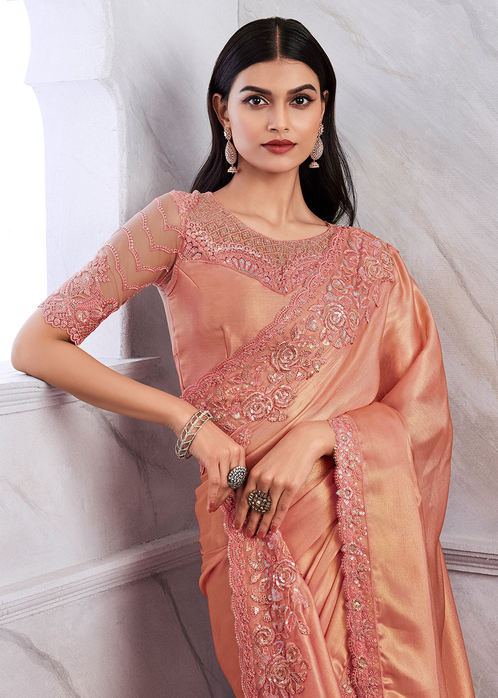 Elegant Peach Silk and Linen Saree with Intricate Embroidery