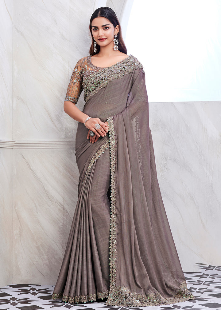 Grey Silk and Linen Saree with Intricate Embroidery