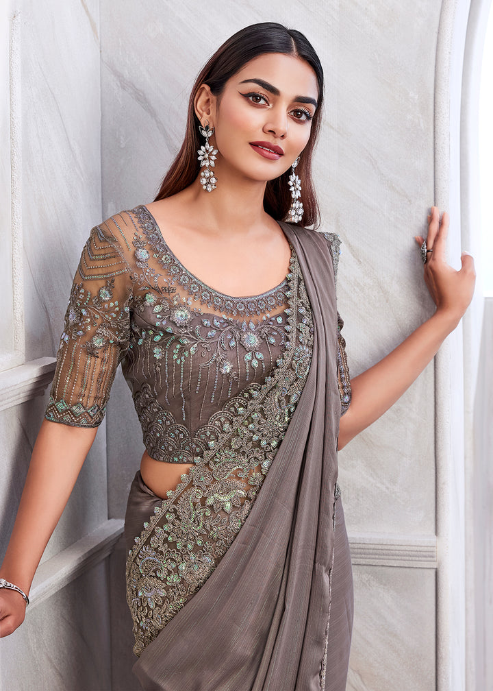 Grey Silk and Linen Saree with Intricate Embroidery