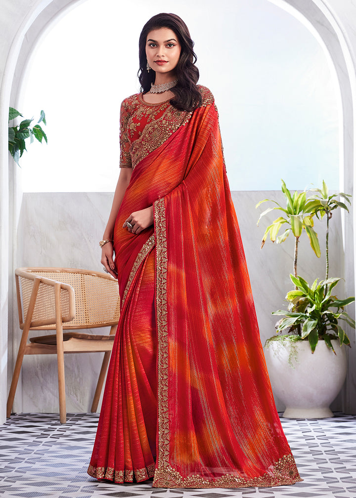 Exquisite Orange Silk and Linen Saree with Embroidery