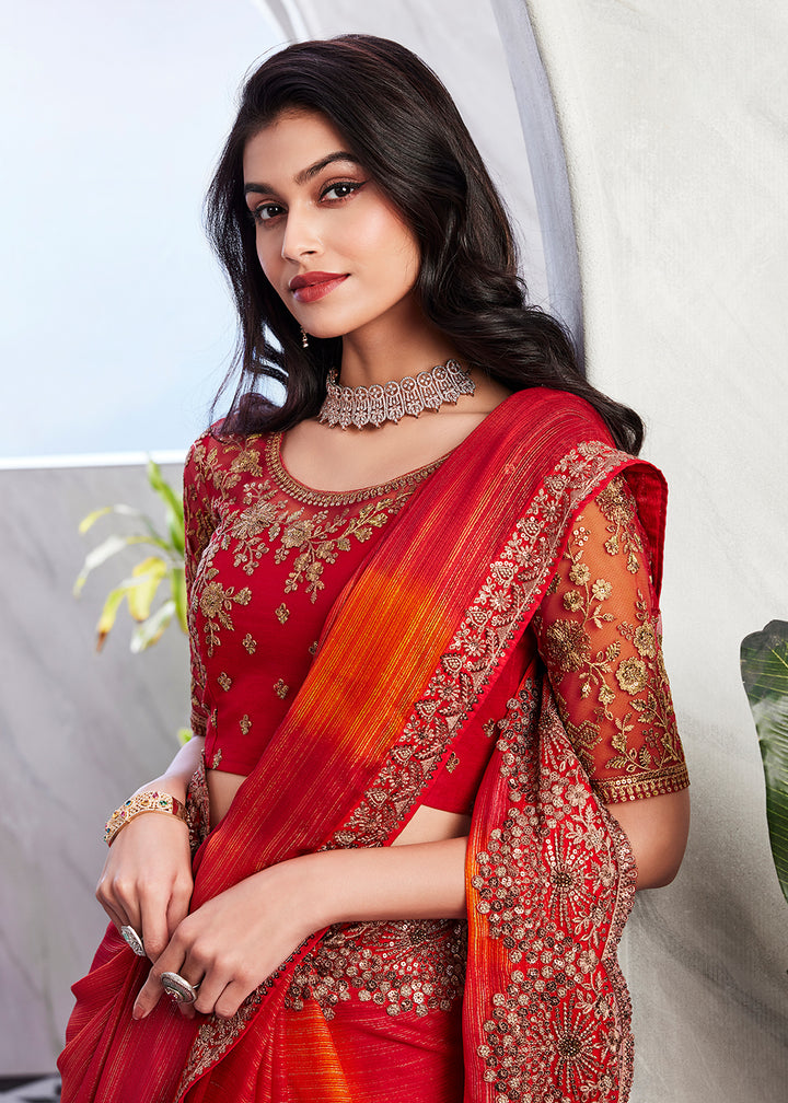 Exquisite Orange Silk and Linen Saree with Embroidery