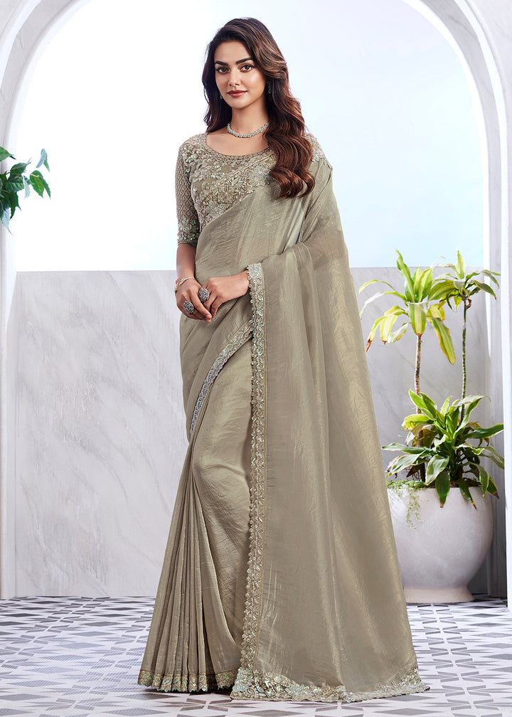 Elegant Grey Silk and Linen Saree with Intricate Embroidery