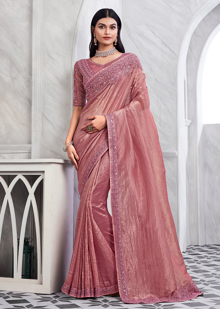 Exquisite Pink Silk and Linen Saree with Intricate Embroidery