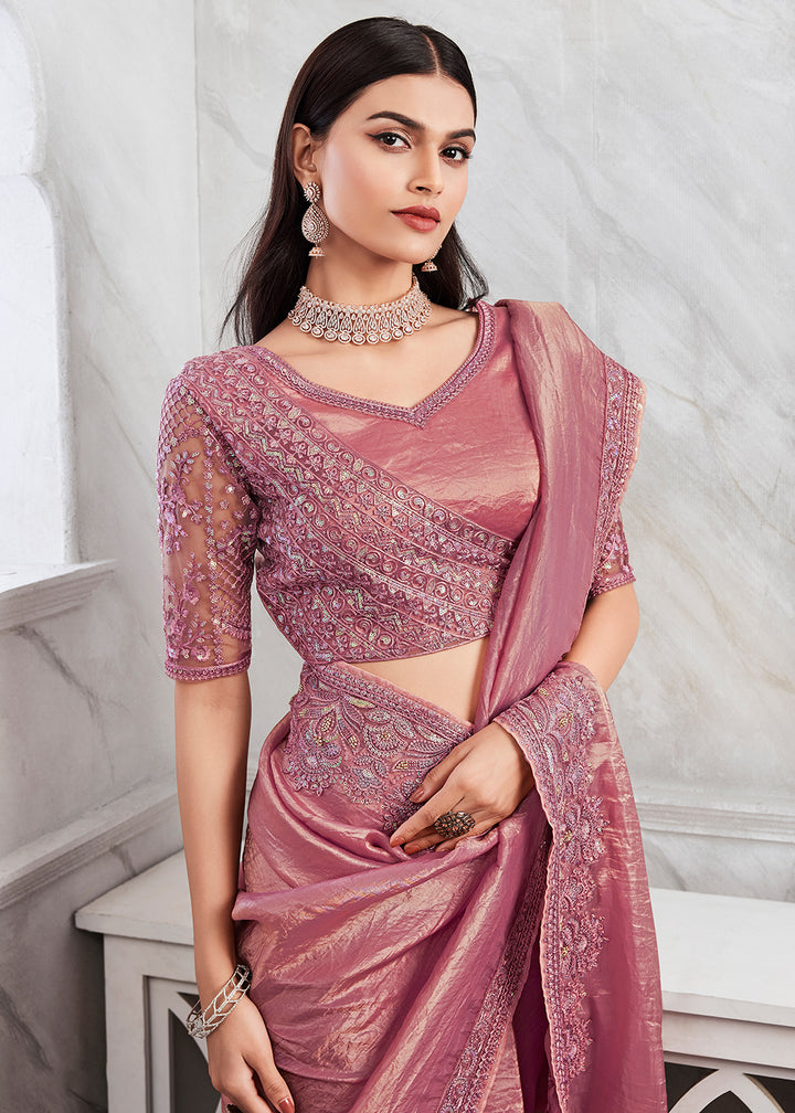 Exquisite Pink Silk and Linen Saree with Intricate Embroidery