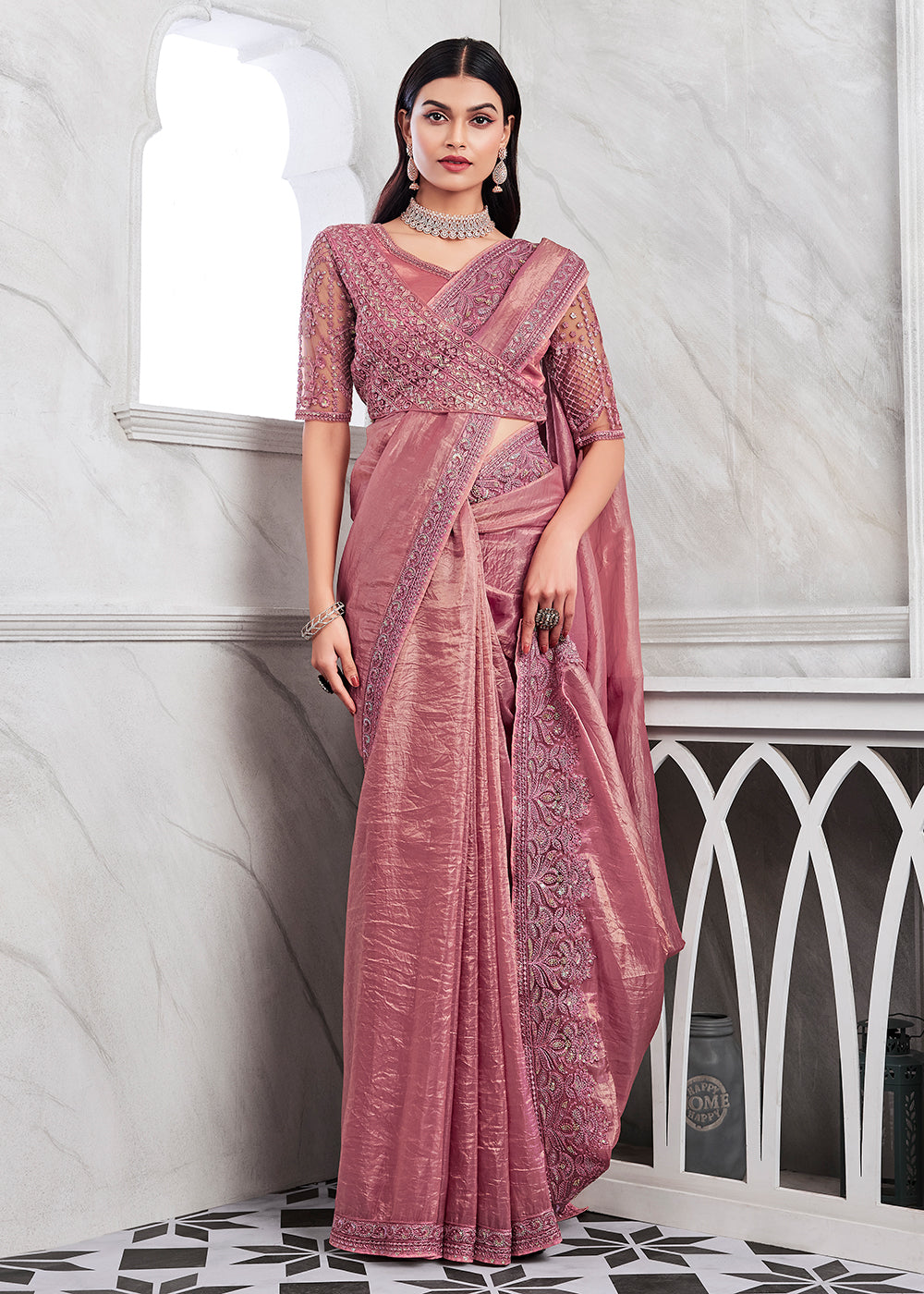 Exquisite Pink Silk and Linen Saree with Intricate Embroidery