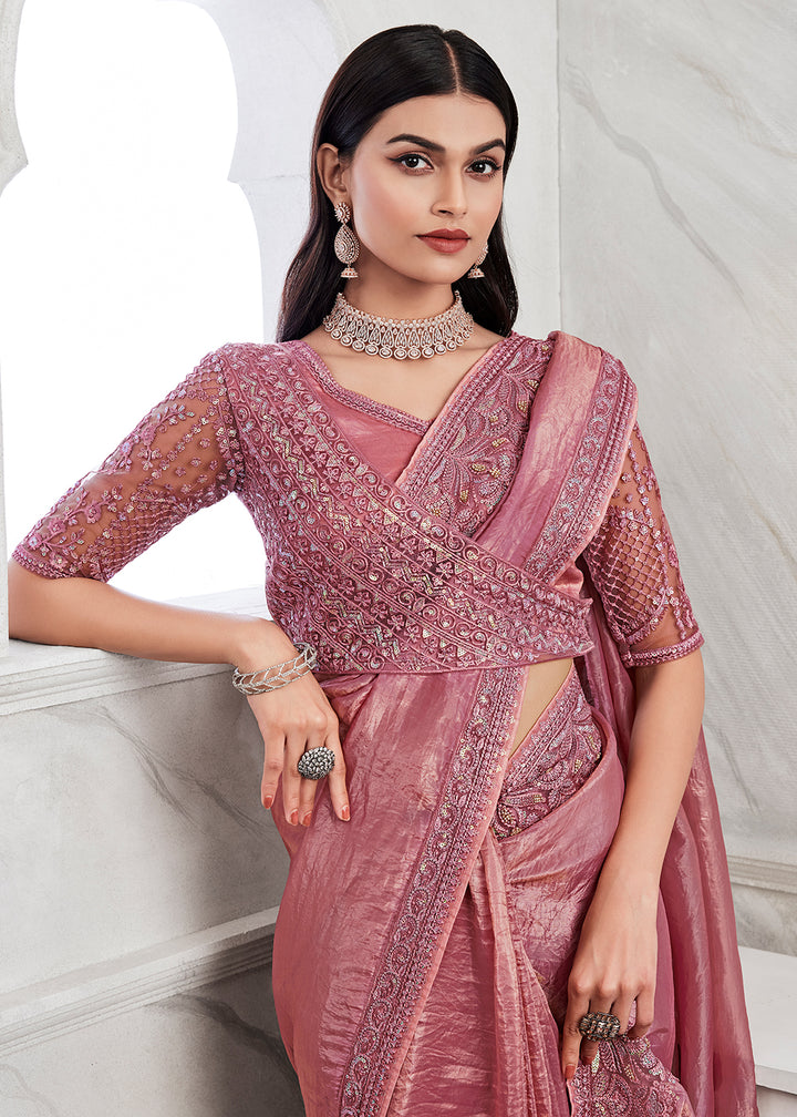 Exquisite Pink Silk and Linen Saree with Intricate Embroidery