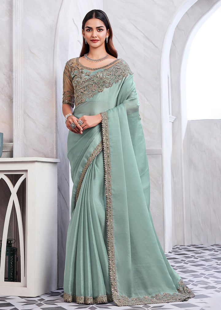 Elegant Sky Blue Silk and Linen Saree with Exquisite Embroidery