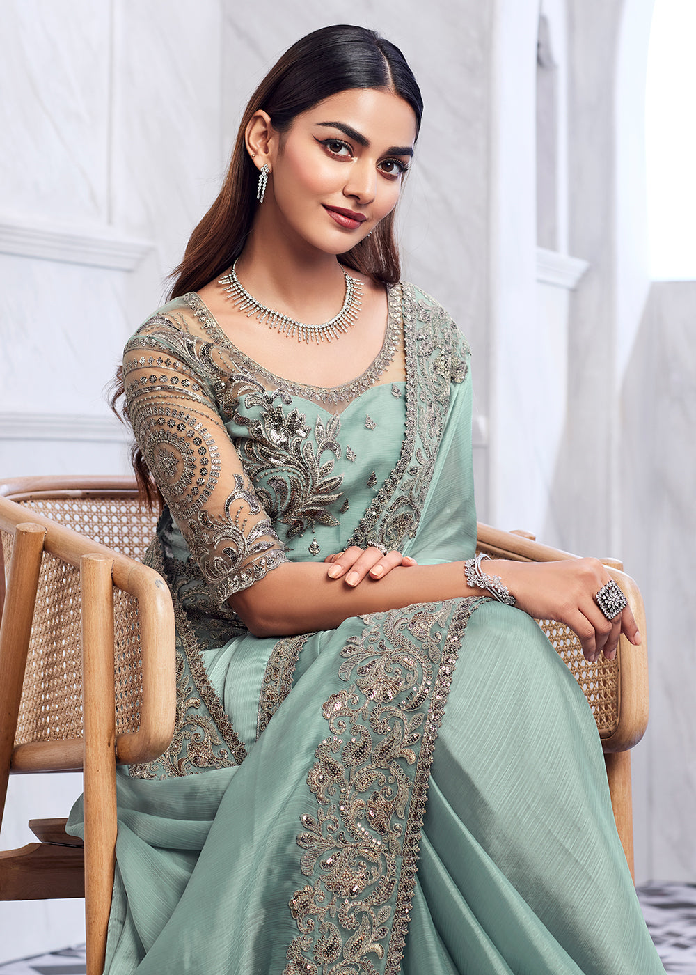 Elegant Sky Blue Silk and Linen Saree with Exquisite Embroidery