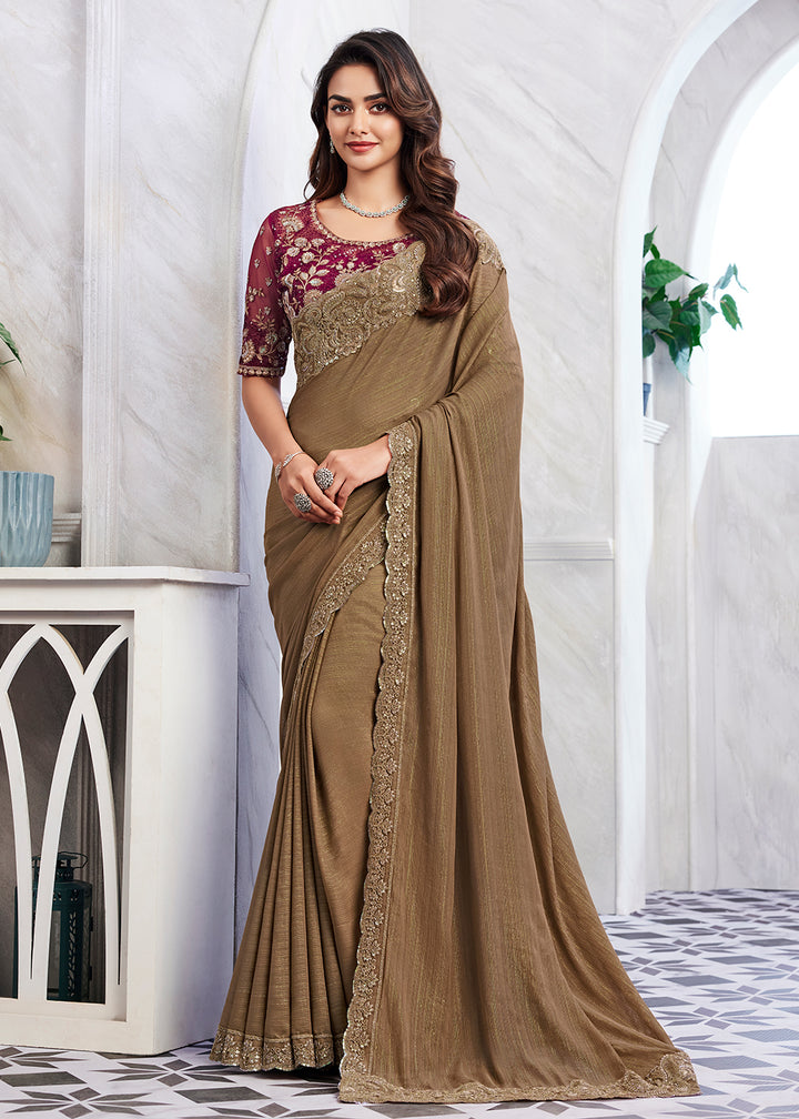 Luxurious Brown Silk and Linen Saree with Embroidery