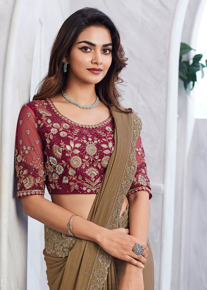 Luxurious Brown Silk and Linen Saree with Embroidery