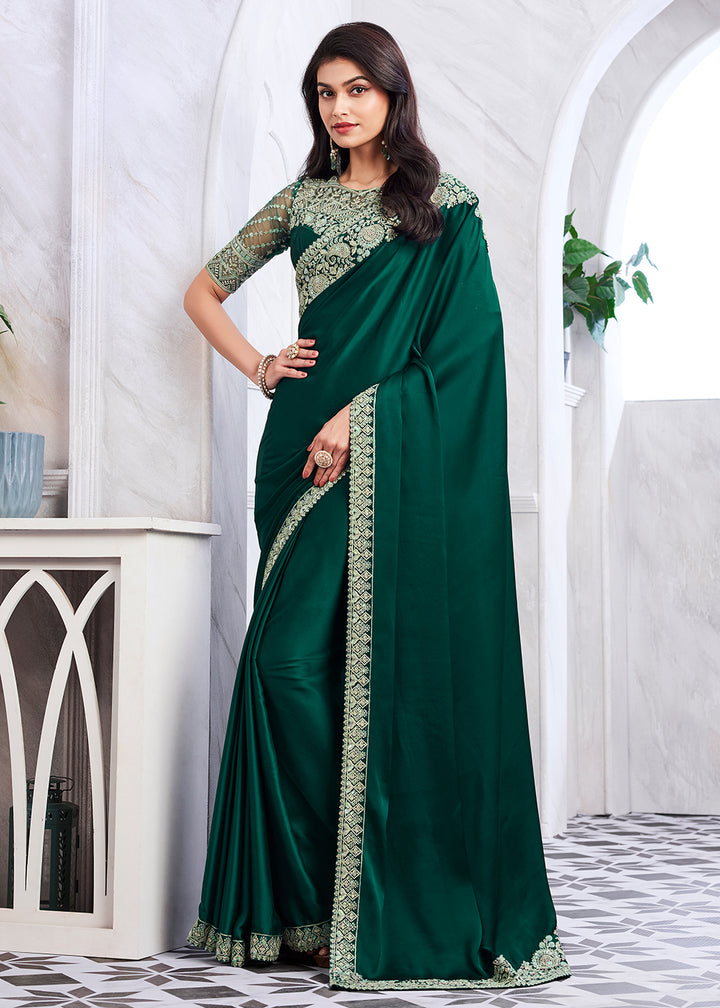 Elegant Green Silk and Linen Saree with Intricate Embroidery