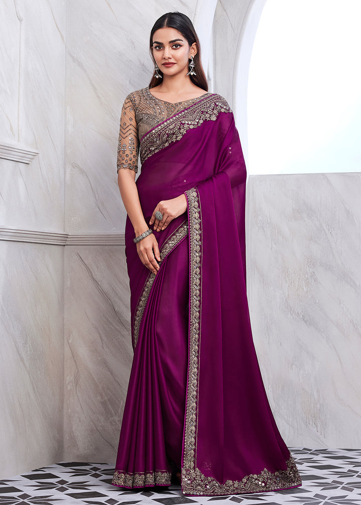 Stunning Wine Silk and Linen Saree with Exquisite Embroidery