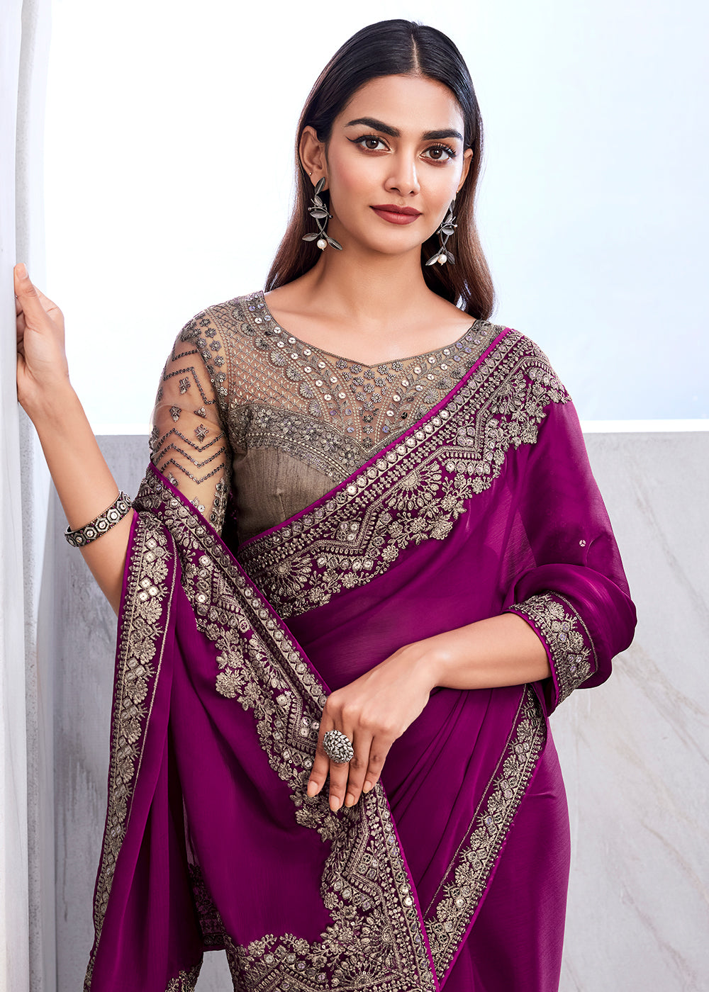 Stunning Wine Silk and Linen Saree with Exquisite Embroidery