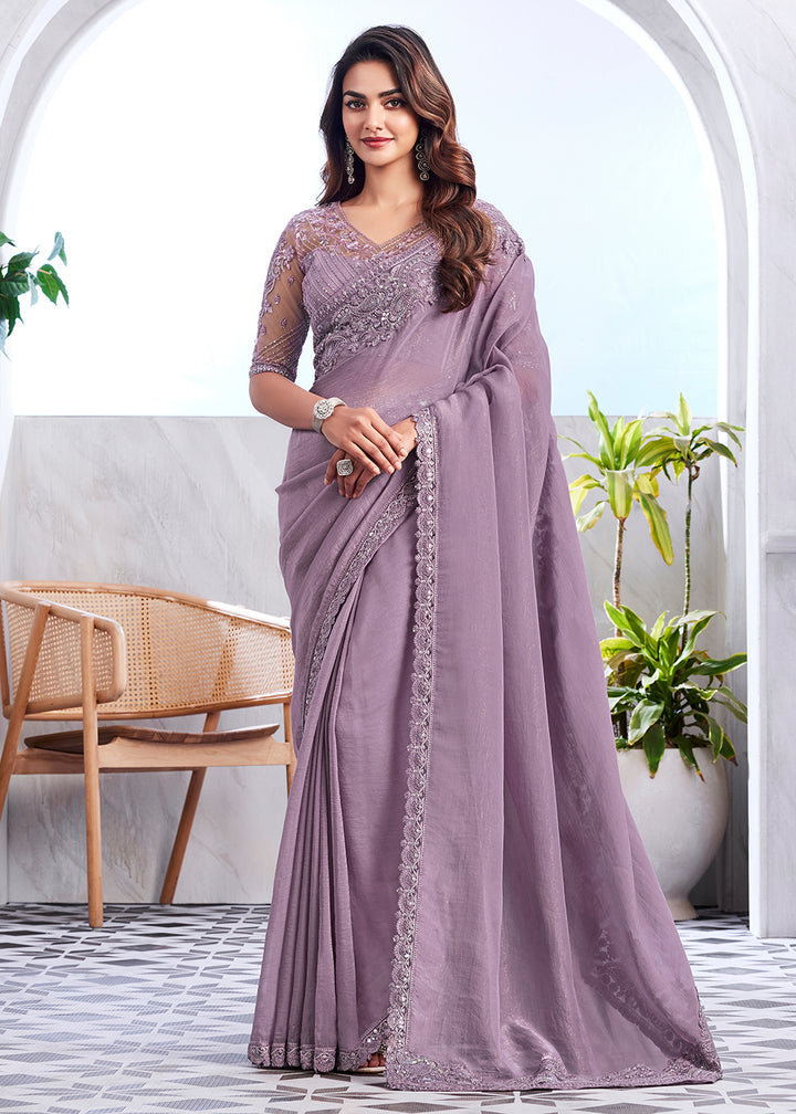 Exquisite Purple Silk and Linen Saree with Hand Embroidery