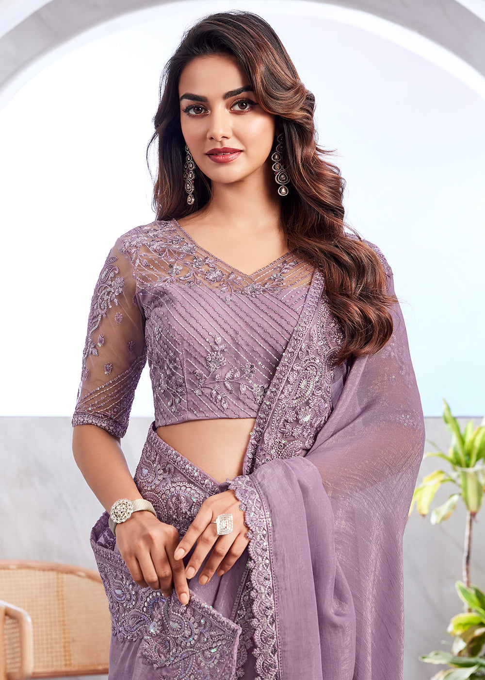 Exquisite Purple Silk and Linen Saree with Hand Embroidery