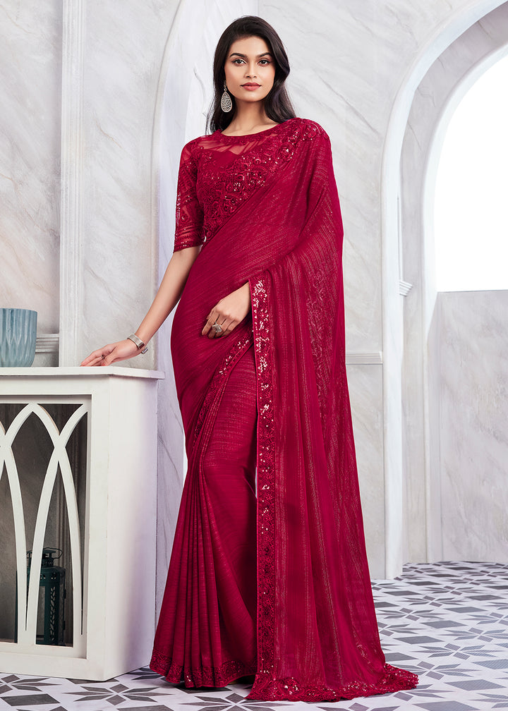 Luxurious Red Silk and Linen Saree with Hand Embroidery