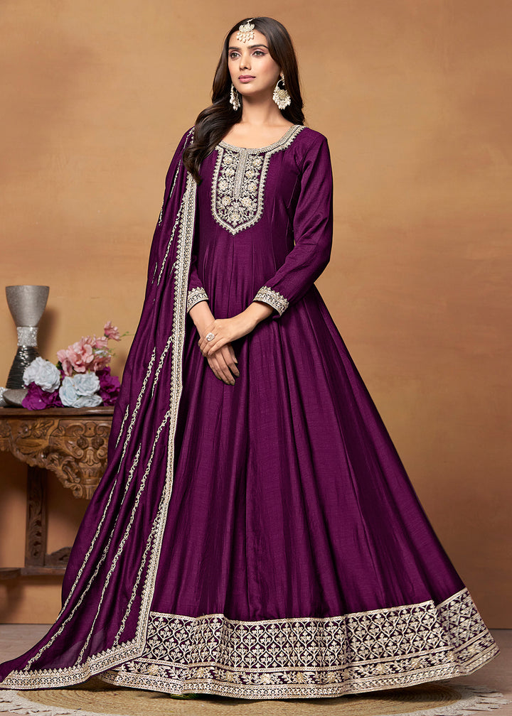 Readymade Wine Designer Anarkali Salwar Kameez