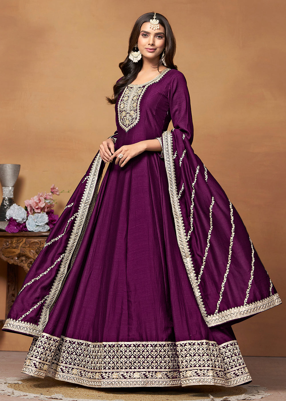 Readymade Wine Designer Anarkali Salwar Kameez