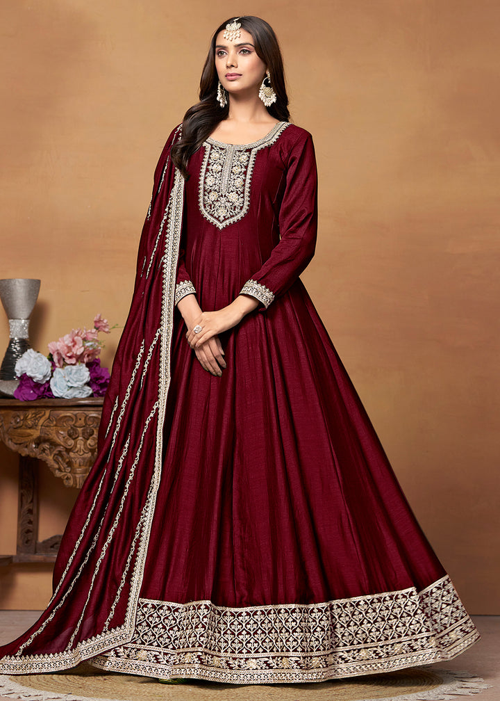 Readymade Maroon Designer Anarkali Salwar Kameez