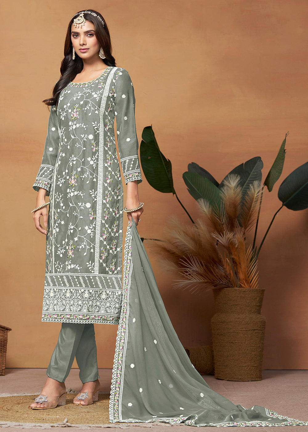 Readymade Greay Designer Salwar Kameez