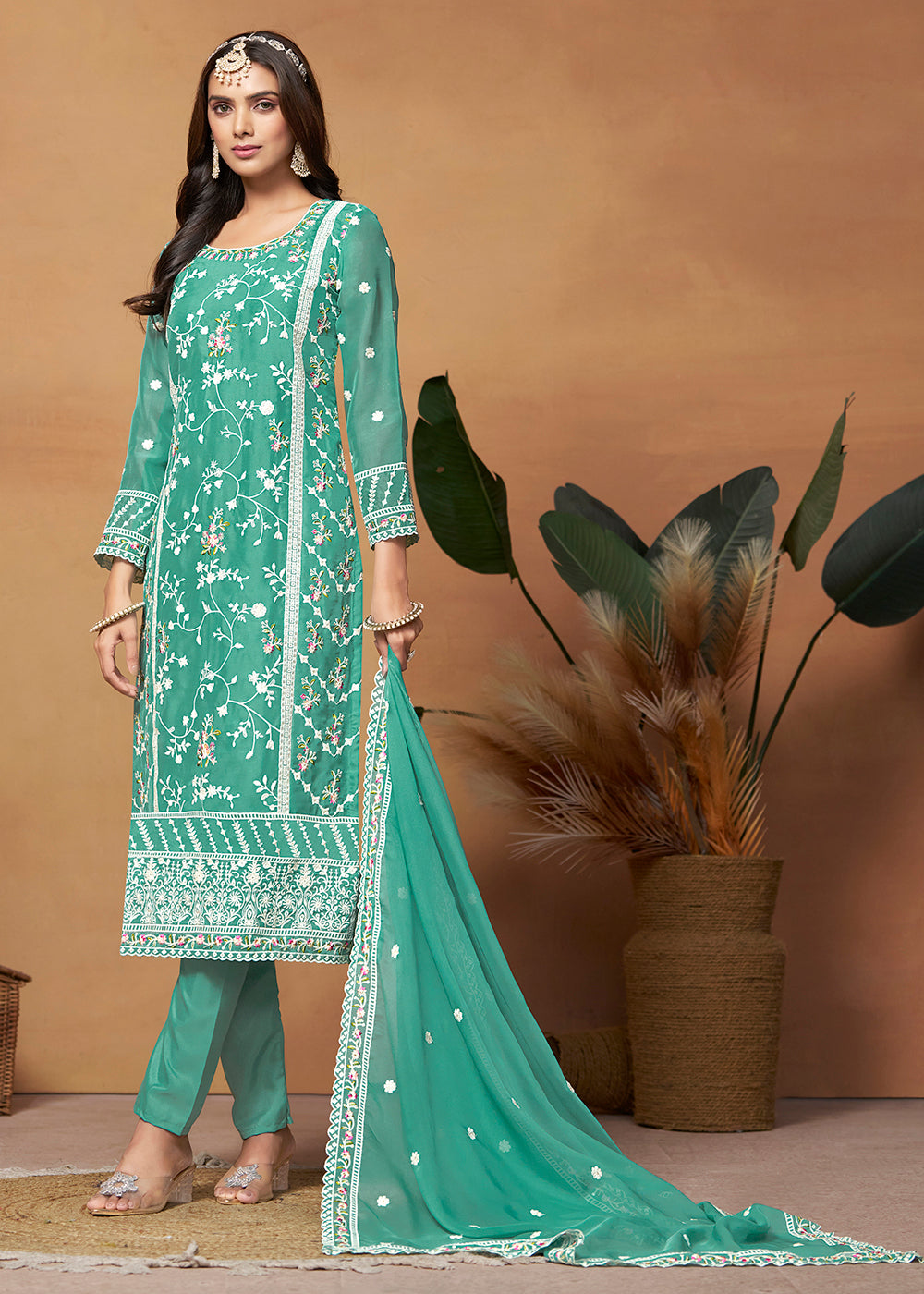 Readymade Bottle Green Designer Salwar Kameez