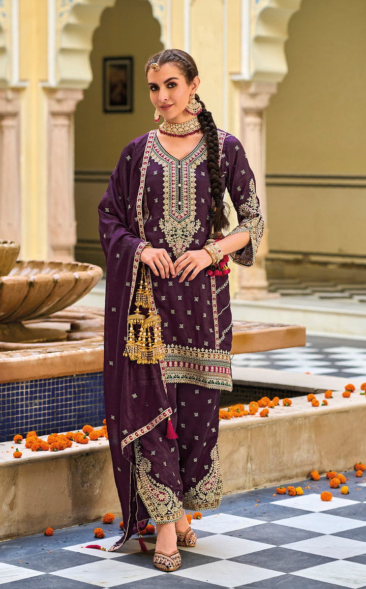 Readymade Wine Elegance Unveiled Premium Silk Salwar Kameez