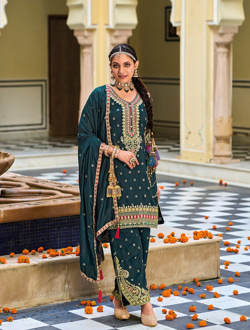 Readymade Regal Rama Green Splendor: Premium Silk Salwar Kameez