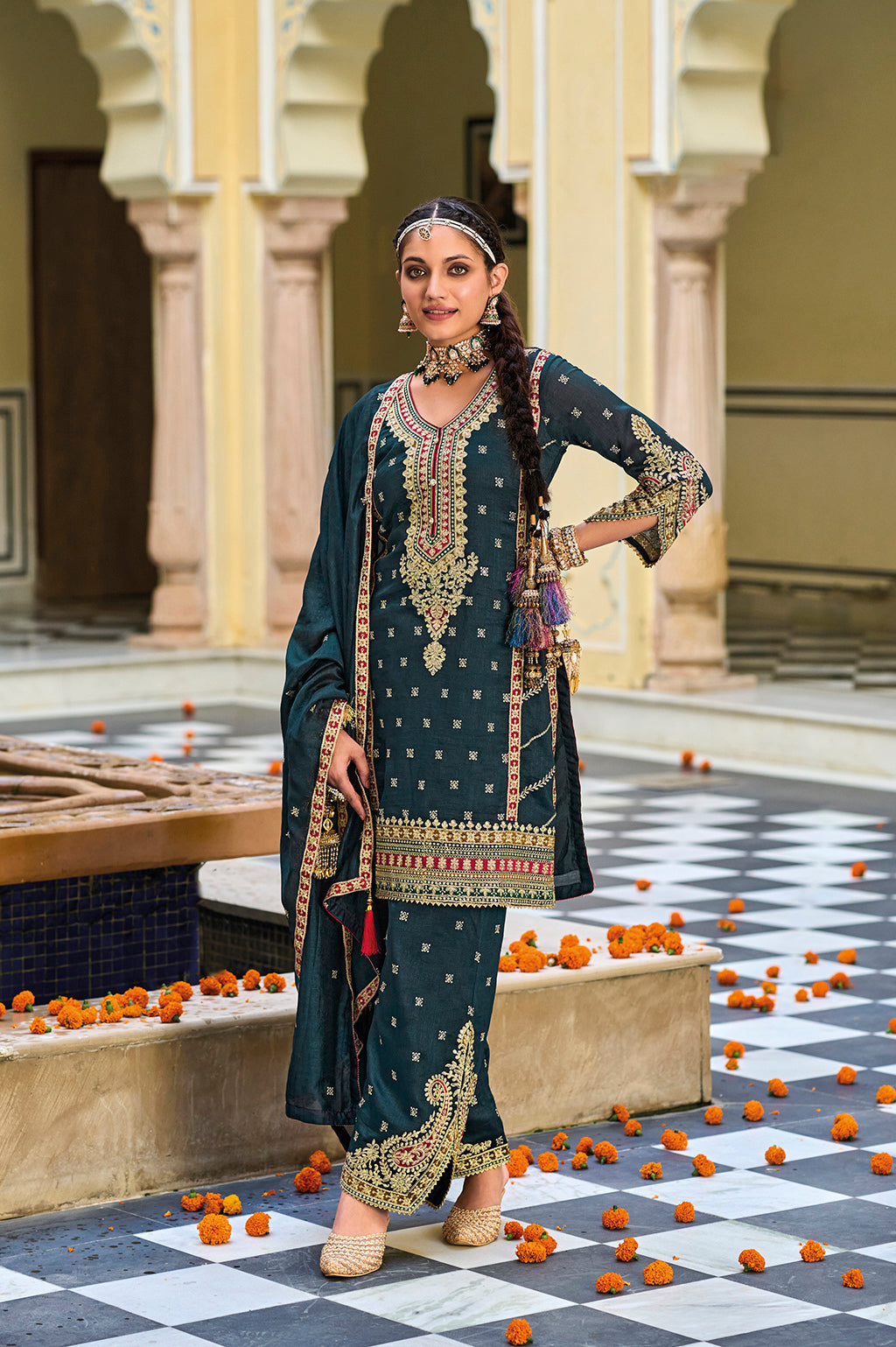 Readymade Regal Rama Green Splendor: Premium Silk Salwar Kameez