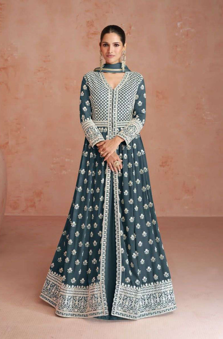 Exquisite Jade Blue Designer Stitched Anarkali Suit