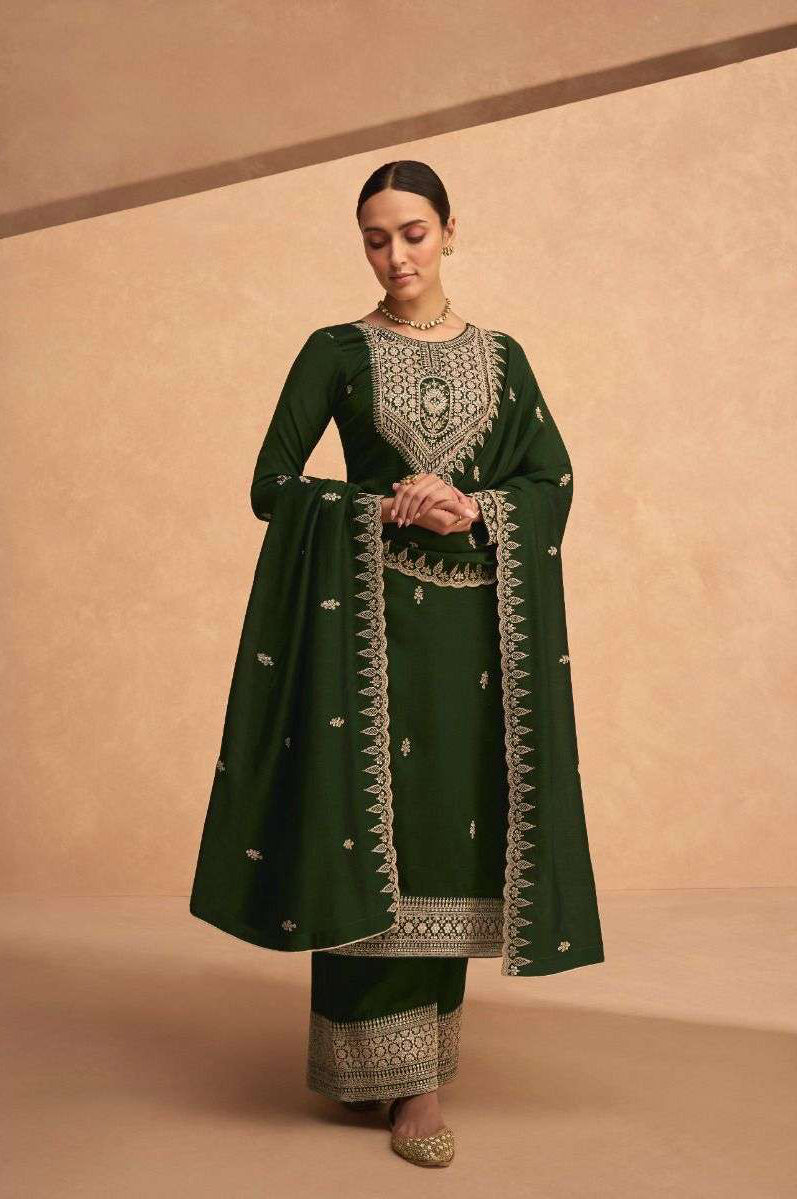 Mehendi Green Palazzo Type Salwar Suit - Premium Silk