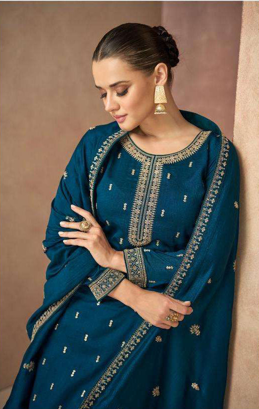 Blue Partywear Designer Salwar Suit - Premium Silk Fabric