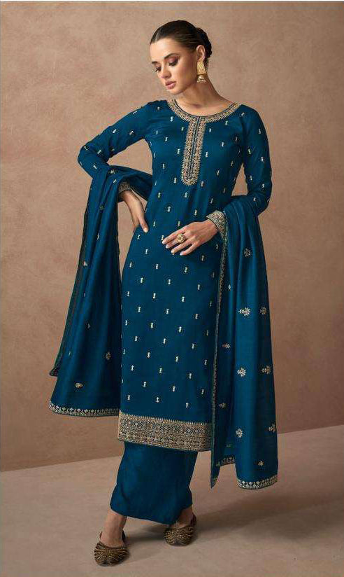 Blue Partywear Designer Salwar Suit - Premium Silk Fabric