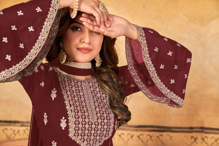 Exquisite Maroon Red Salwar Suit Sharara Type