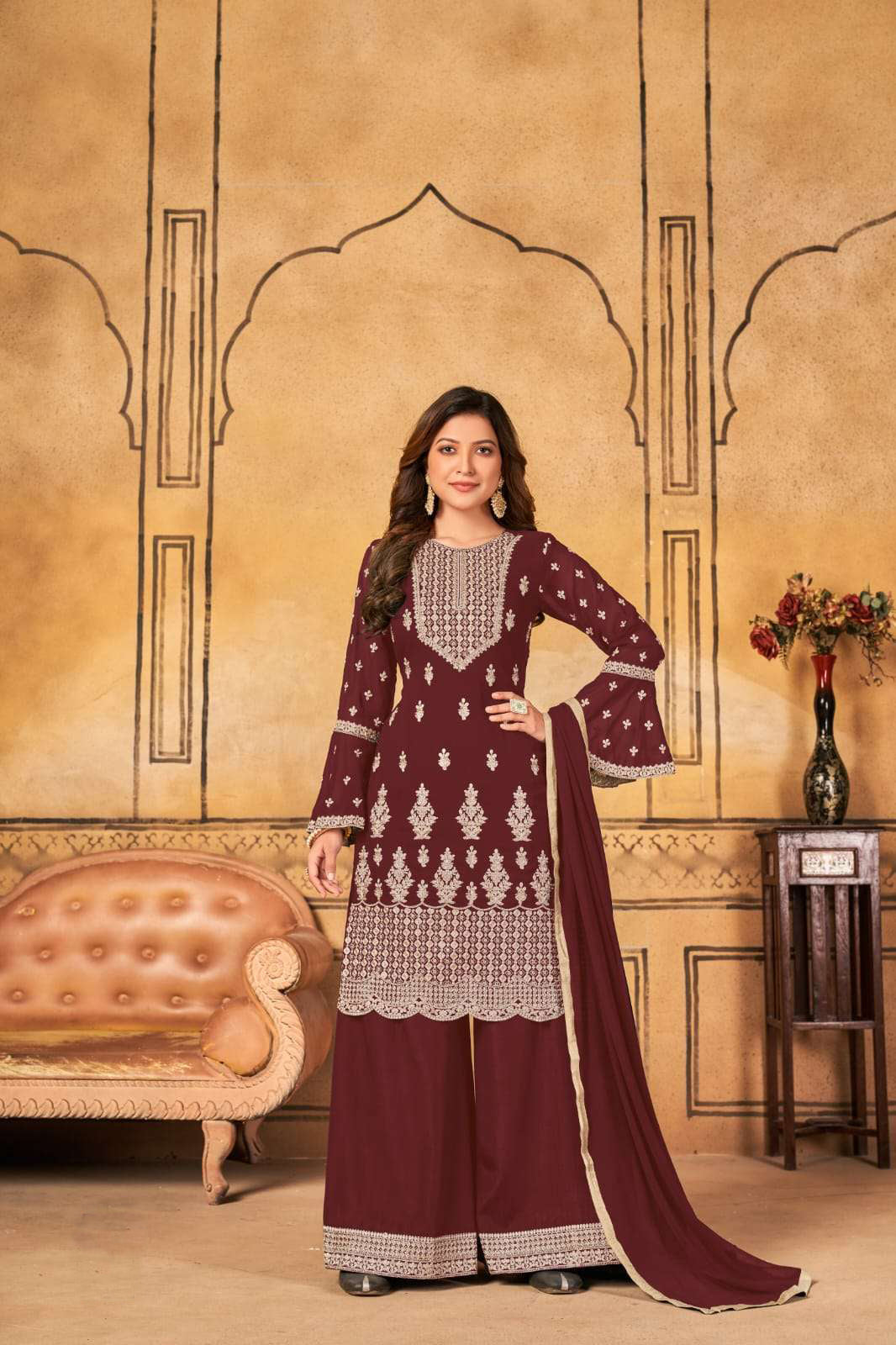 Exquisite Maroon Red Salwar Suit Sharara Type