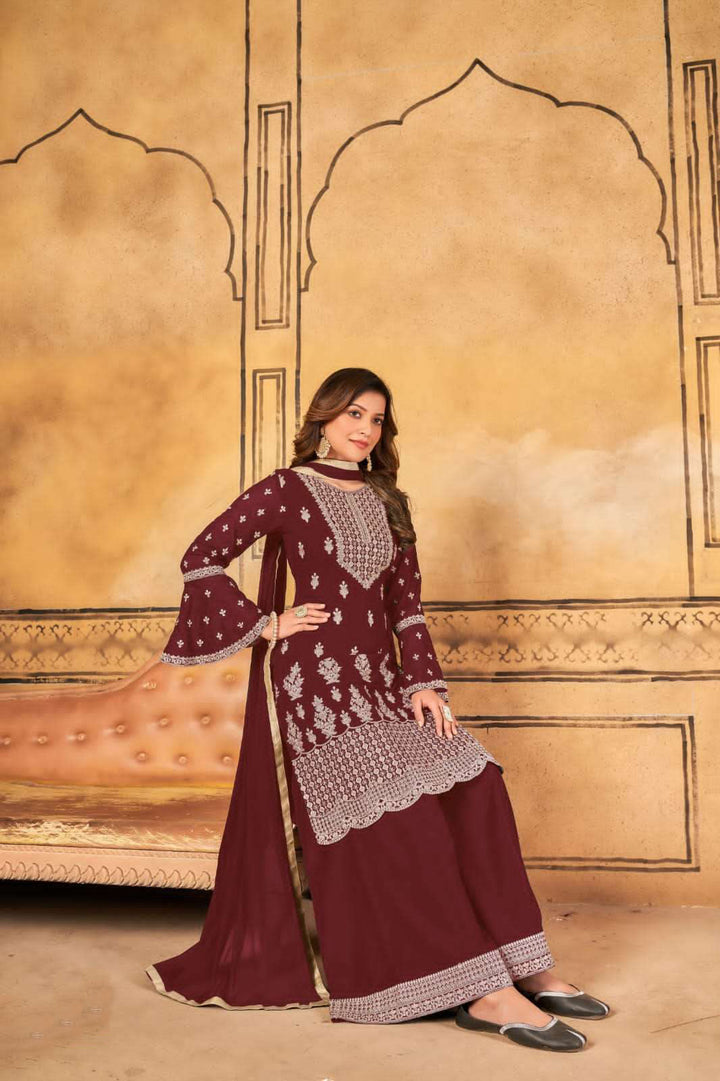 Exquisite Maroon Red Salwar Suit Sharara Type