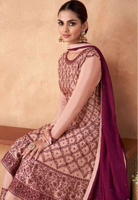 Regal Charm: Free Size Stitched Salwar Kameez in Ivory Purple