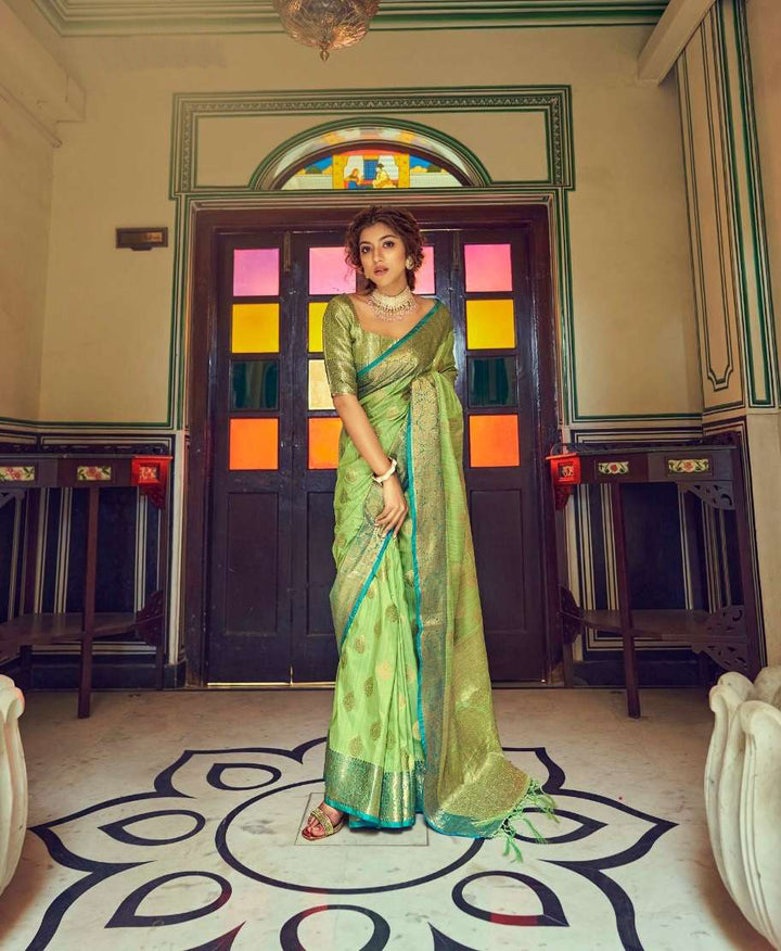 Vibrant Bright Green Soft Tussar Saree