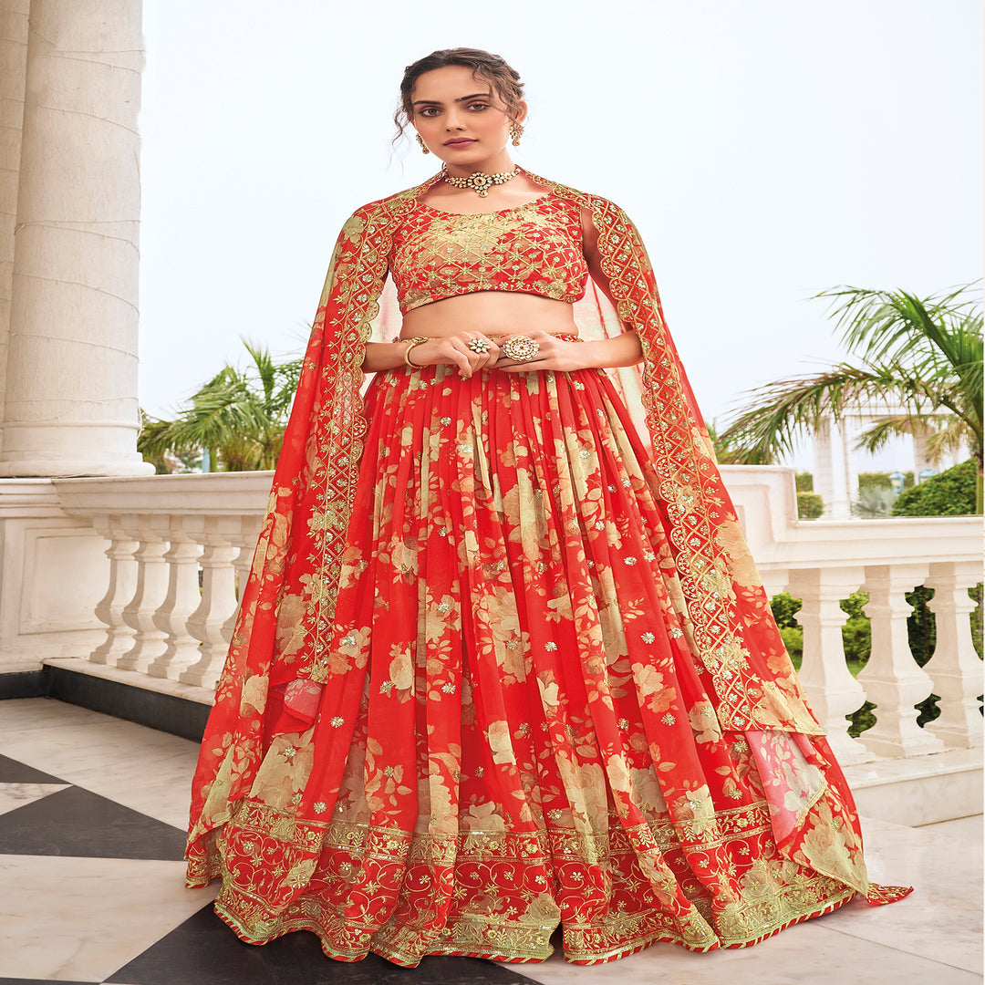 Designer Floral Printed Red Lehenga Choli