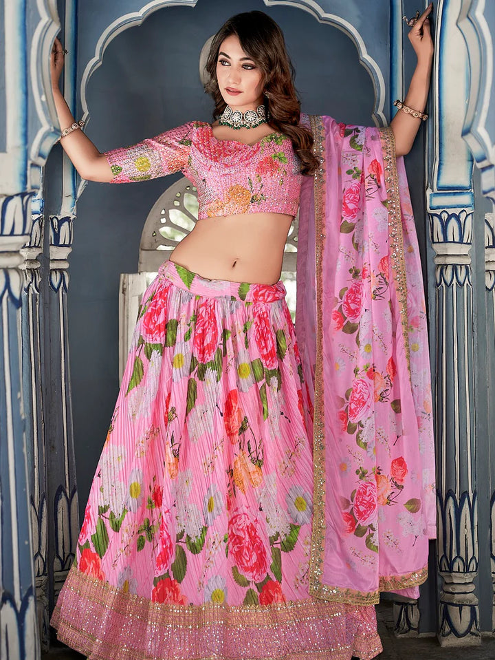 Elegant Pink Crushed Chinon Lehenga Choli