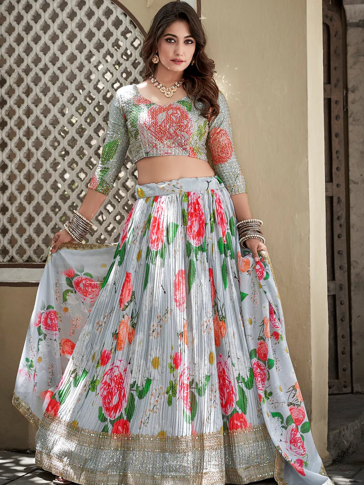 Mesmerizing Sky Blue Crushed Chinon Lehenga Choli