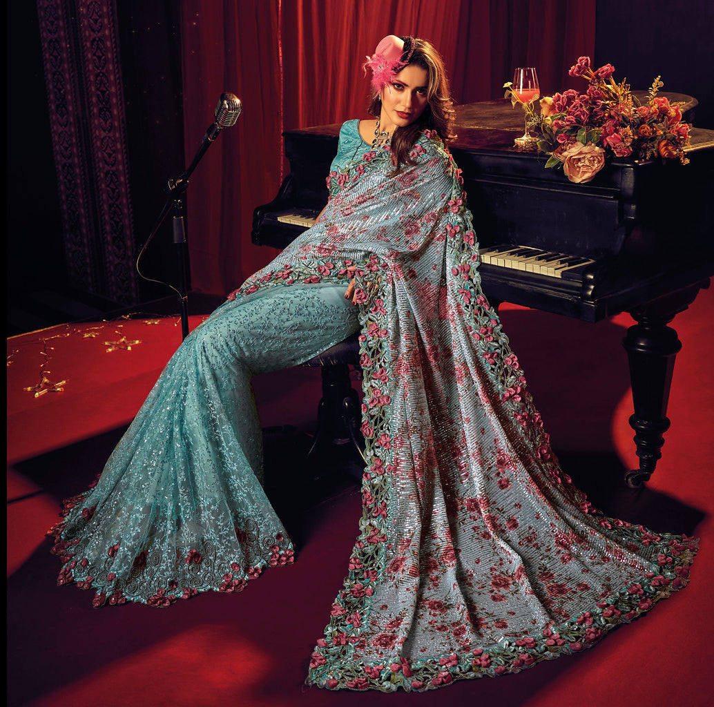 Explore Enchanting Sky Blue Designer Sarees