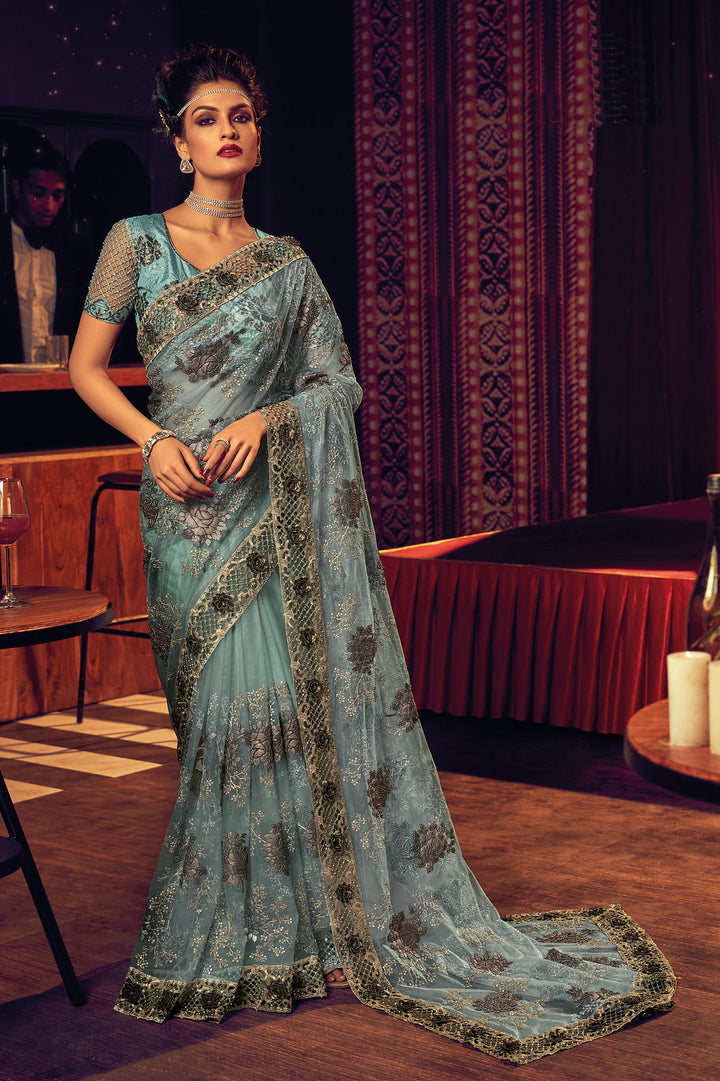 Stunning Azure Blue Designer Sarees