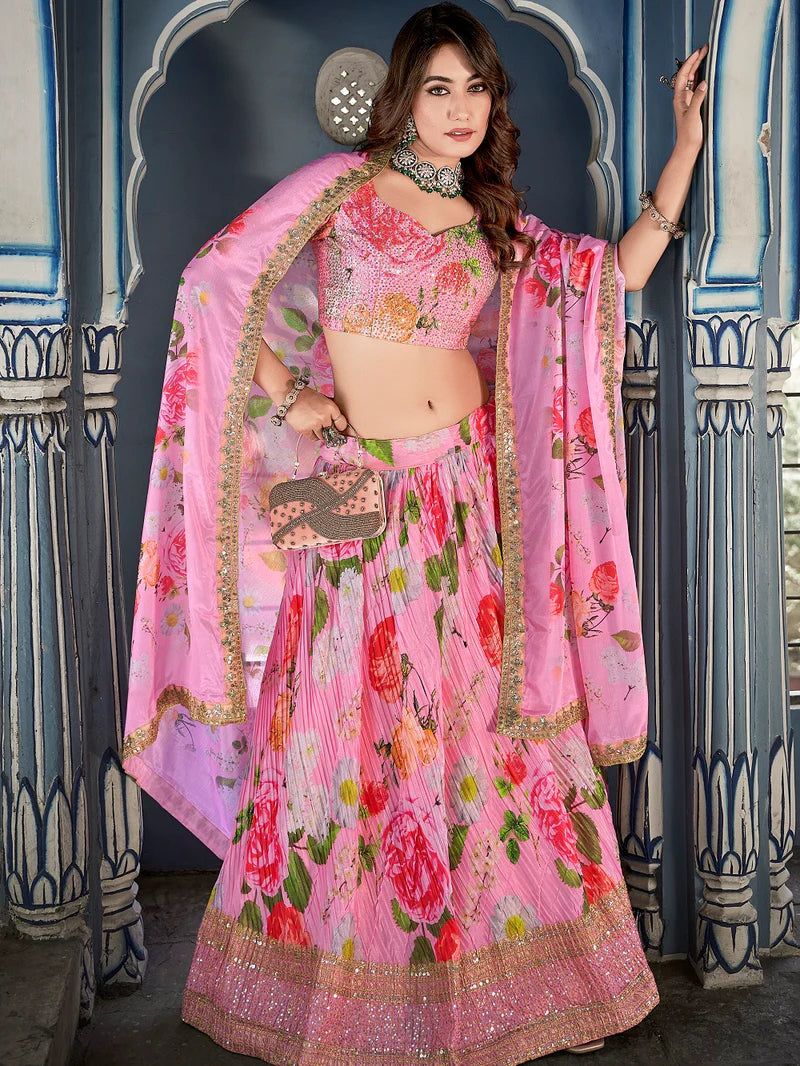 Elegant Pink Crushed Chinon Lehenga Choli